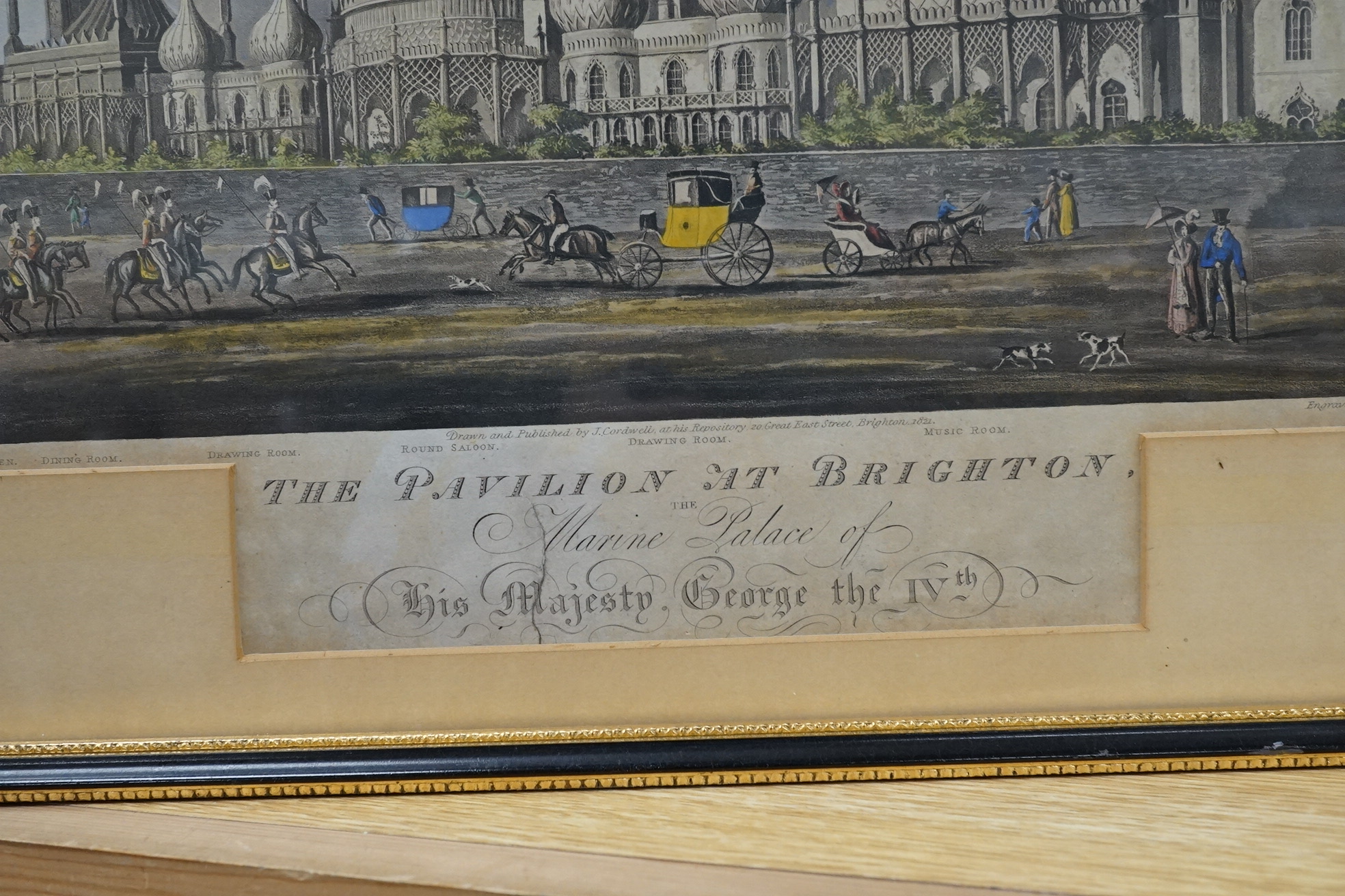 After Joseph Cordwell (19th. C), colour engraving, The Pavilion at Brighton, The Marine Palace of His Majesty George V, published 1821, 18 x 27cm. Condition - fair